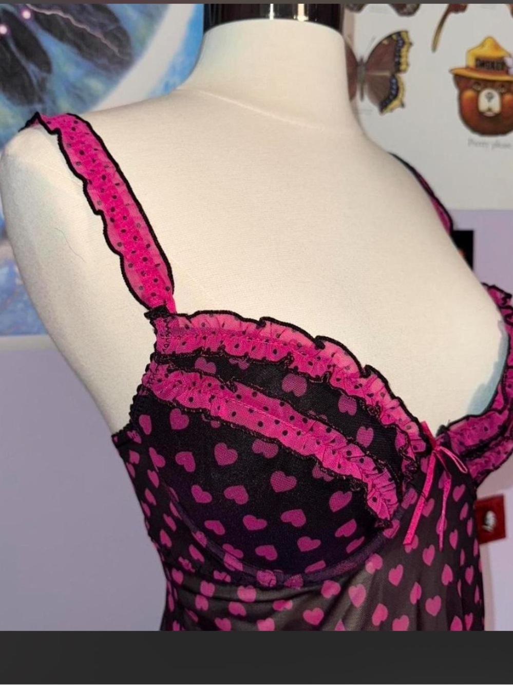 Dollhouse Black & Hot Pink Heart Mesh Babydoll Chemise
